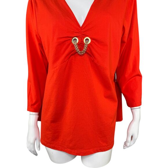 Jones New York Orange Womens 1X Stretch 3/4 Sleeve Blouse Chain Detail V-Neck - Picture 7 of 12